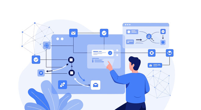 Man Interacting with Digital Flowchart and Interface, Business Workflow Concept