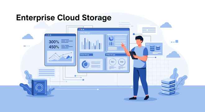 Man interacts with enterprise cloud storage dashboard analytics