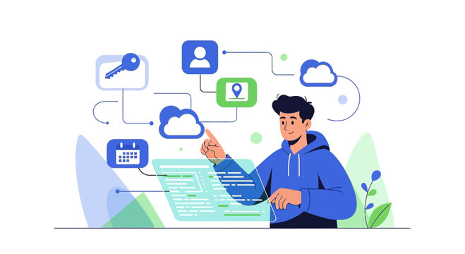 Man Interacting with Digital Interface, Cloud Computing concept
