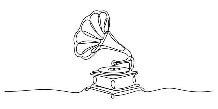 Continuous single line drawing of a vintage gramophone record player