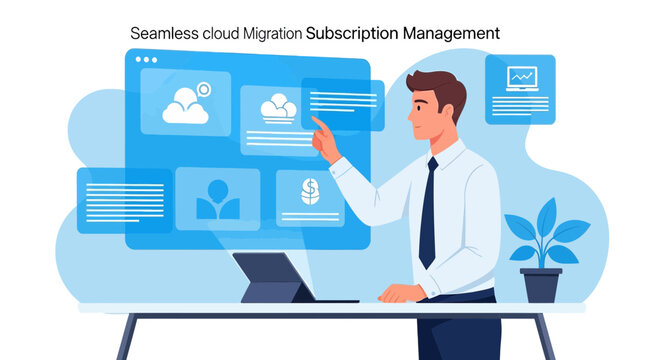 Man Managing Cloud Migration and Subscription with Digital Interface