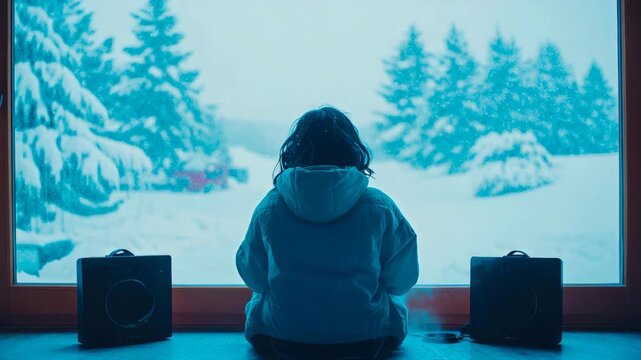 Solitary figure in hooded jacket gazes out large window at serene, snow-covered forest under pale, diffused sky, with hint of red vehicle in distance.