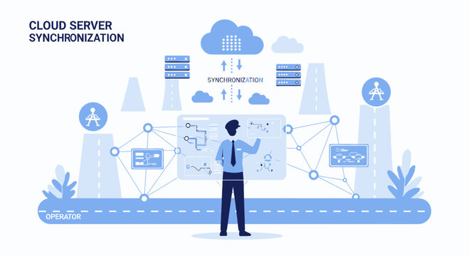 Man managing cloud server synchronization with network diagram and data flow