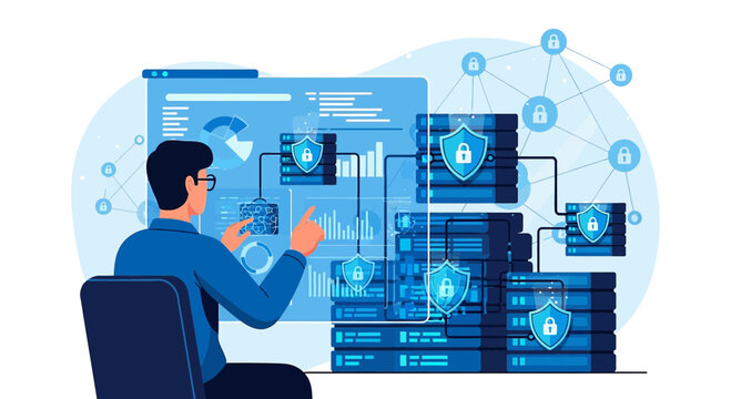 Man managing secure data servers and network with digital interface