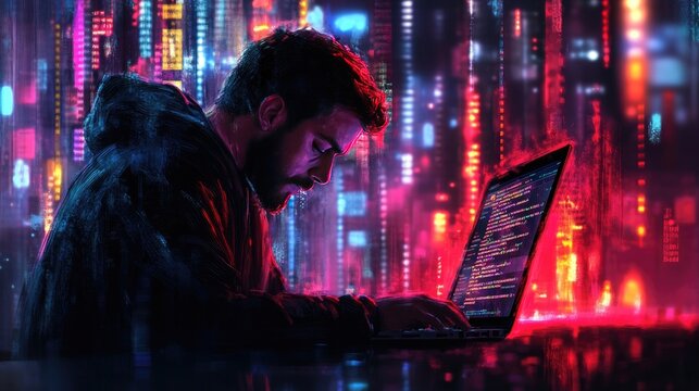 Digital software technology, mobile app development concept: Computer programmer, software developer coding on laptop computer with javascript and binary code.