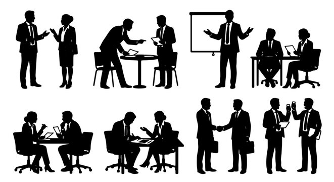 Business Meeting Silhouettes, Professional Collaboration Icons, Corporate Teamwork Graphics, Office Discussions Vector Set