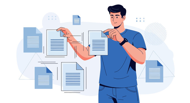Man organizing digital documents or data with futuristic interface