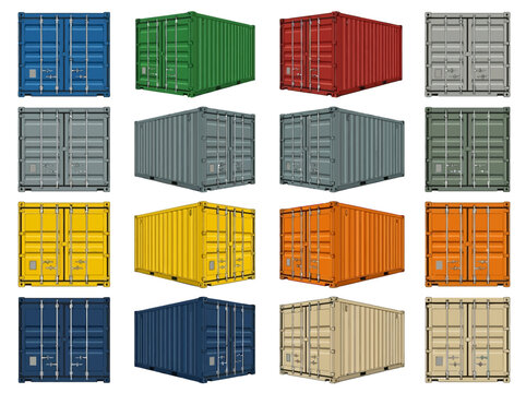 Collection of various colored shipping containers, transport cargo boxes for logistics and international trade, warehouse and freight storage
