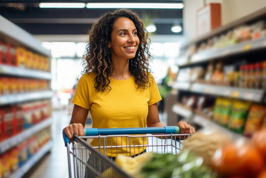 happy african woman shopping in a grocery store, demonstrating informed consumer. Brazilian woman.