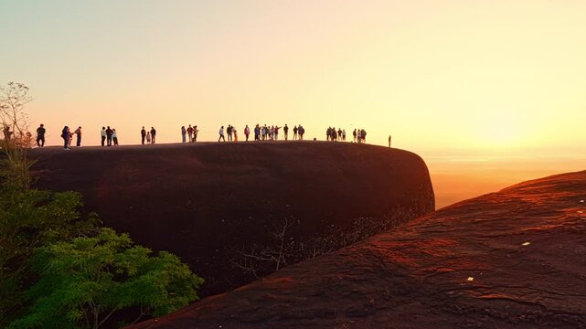Golden sunrise illuminates the whale shaped sandstone cliffs as tiny tourists stand along the ridge, forming dramatic silhouettes against the glowing sky and vast forest landscape below.