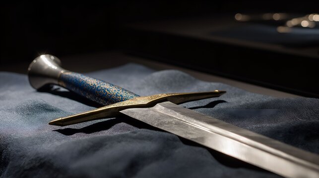 longsword. Ancient longsword on dark cloth, polished blade showing color-shifting patterns from blue to gold. event programs.