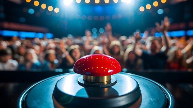 Red buzzer button on stage with excited audience in background