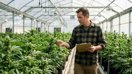 Obraz premium Older man writing notes on clipboard surrounded by cannabis plants in greenhouse. Cannabis cultivation and farming concept