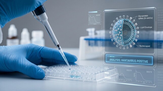 Scientist analyzing Hantavirus samples in a modern medical laboratory using a pipette and digital interface showing virus structure, diagrams, and positive diagnostic test results.