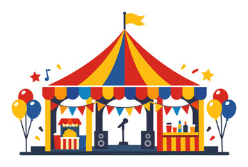 Obraz premium Vibrant striped tent hosting a stage with a microphone and speakers, featuring a snack stand and a drink bar