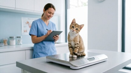 A cute ginger kitten sits on a digital scale for a health checkup at a modern veterinary clinic while a professional female vet in blue scrubs records data on a digital tablet nearby.