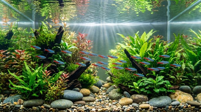 Vibrant school of neon tetras swimming in a lushly planted freshwater aquascape aquarium with beautiful light rays shining through the water, creating a peaceful underwater scene.