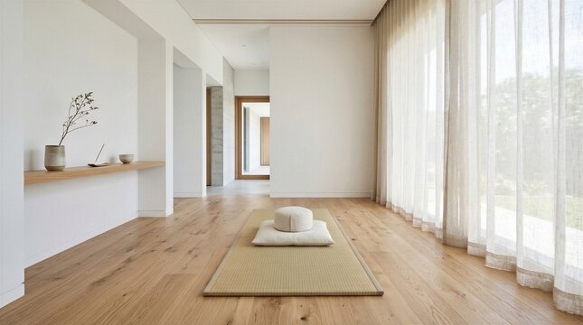 Minimalist meditation room with tatami mat and cushions on wooden floor. Peaceful Zen interior design for mindfulness practice, yoga, and relaxation in a bright, modern living space.