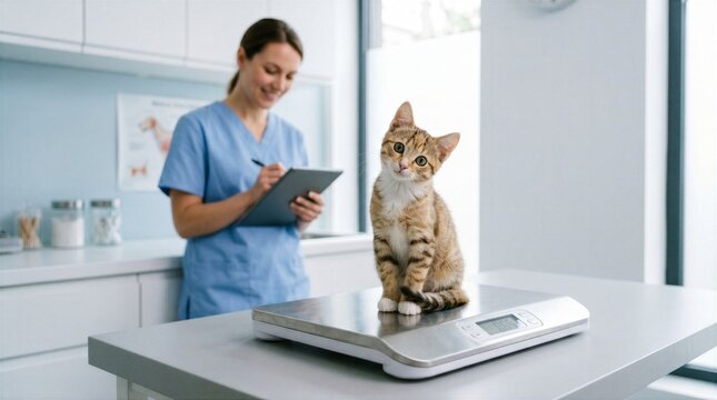 A cute ginger kitten sits on a digital scale for a health checkup at a modern veterinary clinic while a professional female vet in blue scrubs records data on a digital tablet nearby.