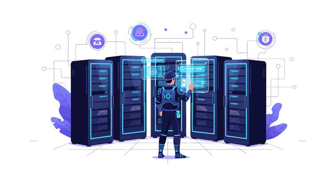 Man in VR headset interacts with holographic data servers, tech concept