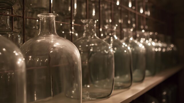 carboys. Rows of glass carboys in a wine cellar with warm ambient lighting. bar promotions, beverage menus, designed for product packaging and bar promotions.