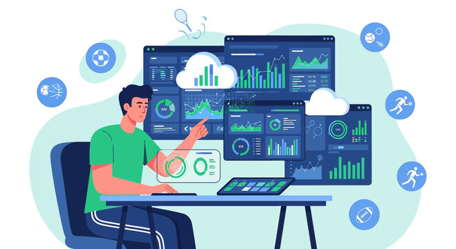 Man analyzing sports data on computer screens, cloud analytics, statistics