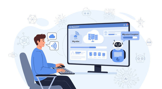 Man interacting with AI chatbot on computer screen with cloud and data processing symbols