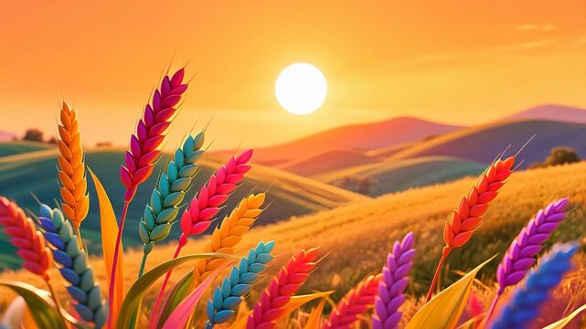 Colorful wheat field at sunset