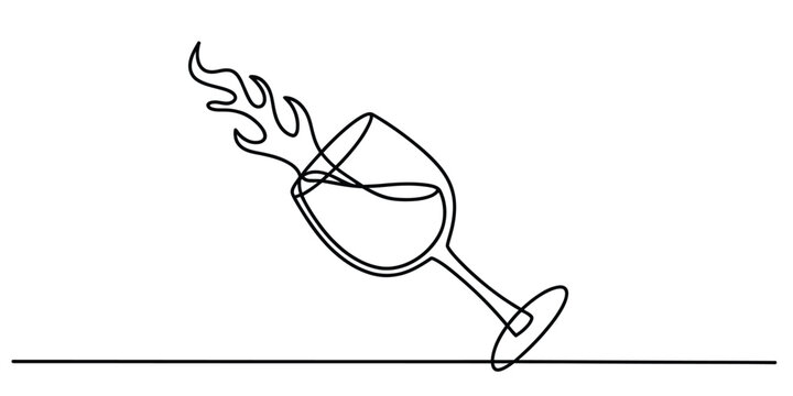 Continuous single line drawing of a wine glass with flames of fire
