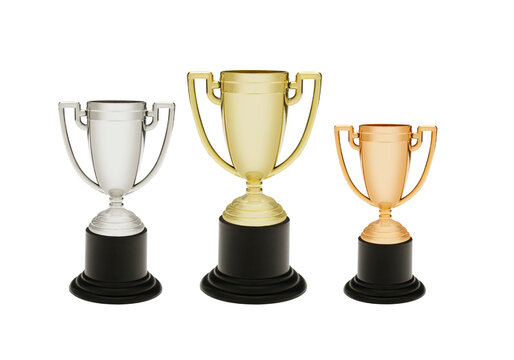 Set of three trophy cups gold silver bronze, first second third place awards isolated on transparent background PNG