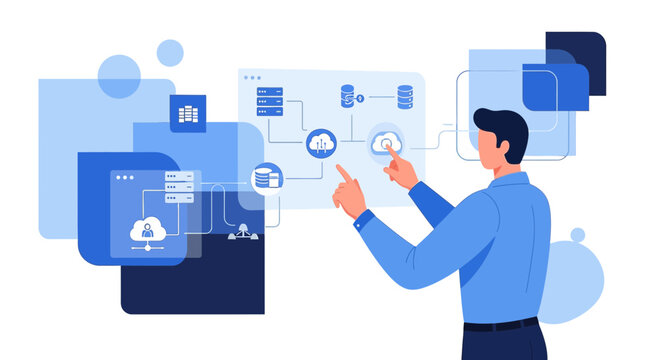 Man Interacting with Cloud Computing Systems and Data Networks