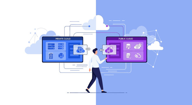 Man choosing between private and public cloud solutions, concept illustration