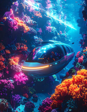 High-Tech Transport Pod Near Coral Reef