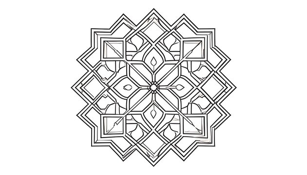 Intricate geometric mandala pattern, symmetrical design with repeating diamond and square shapes, ornamental linework, black and white outline, spiritual or decorative motif