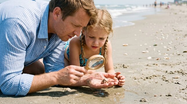 Father and daughter examining a small crab on a sandy beach with a magnifying glass, enjoying a summer day by the ocean.