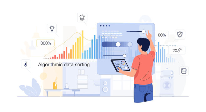 Man analyzing data on futuristic interface, algorithmic sorting concept
