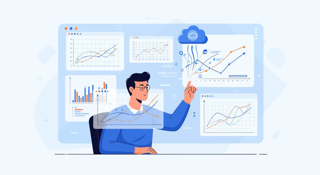 Man interacting with digital analytics data on a futuristic dashboard