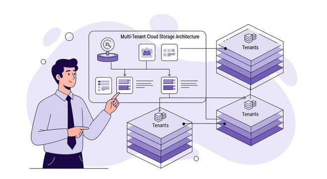 Man explains multi-tenant cloud storage architecture diagram with tenants