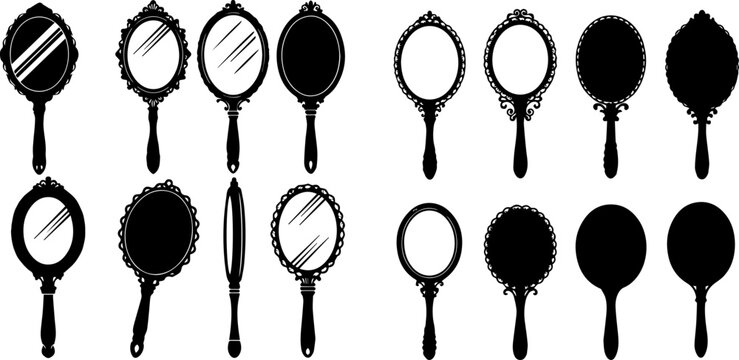 Collection of vintage hand mirrors in various shapes and decorative frames, black silhouettes on white background.