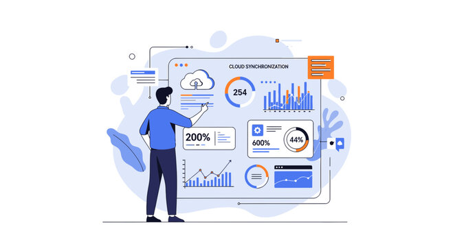 Man analyzing data on cloud synchronization dashboard with charts
