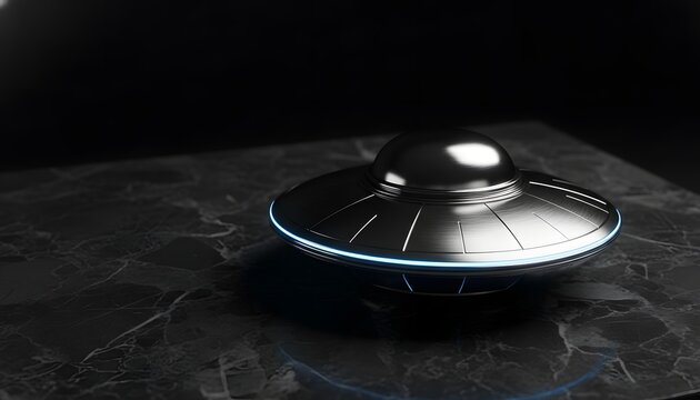 Futuristic metallic UFO flying saucer model on a dark marble surface for World UFO Day concept, illustrating alien technology and extraterrestrial exploration themes