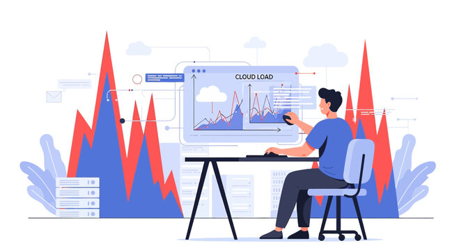Man analyzing cloud load data on digital dashboard with charts and graphs