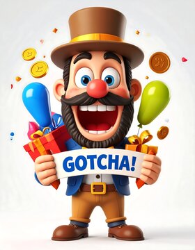Cartoon man in top hat, holding gifts and banner.  Exuberant expression, confetti, and balloons
