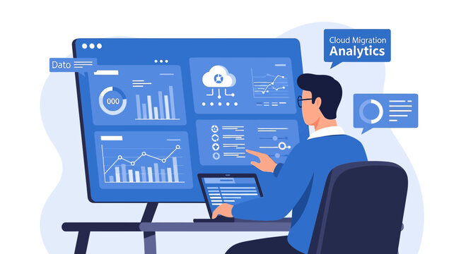 Man Analyzing Cloud Migration Data Analytics on Multiple Screens