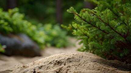 Naklejka premium Vibrant green evergreen foliage rests above soft textured sand in a serene outdoor environment