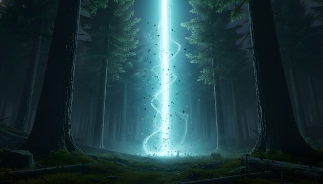 Cinematic alien abduction scene in a dark forest featuring a glowing tractor beam for a world ufo day concept, showing extraterrestrial mystery and sci-fi supernatural event