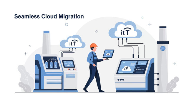 IT technician performing cloud migration between factory machinery systems