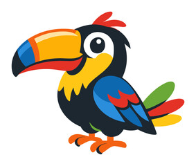 Naklejka premium Colorful toucan cartoon character smiling, standing on a white background. Exotic tropical bird with a large beak