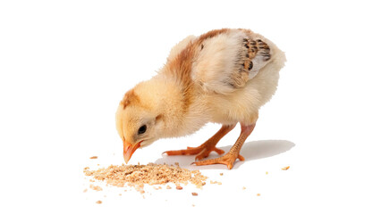 Small fluffy yellow baby chicken chick pecking food on a surface for organic poultry agriculture isolated on transparent background cut out © Ivan