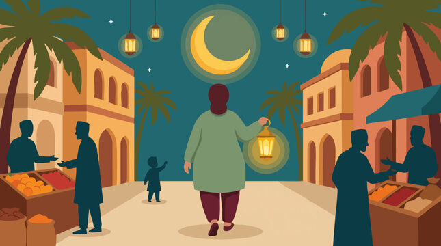 Traditional Middle Eastern night market during Ramadan with people and glowing lanterns
